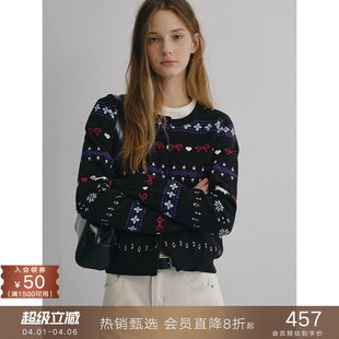 popchrio 毛衣外套女 可水洗含羊绒费尔岛提花圆领设计感针织开衫