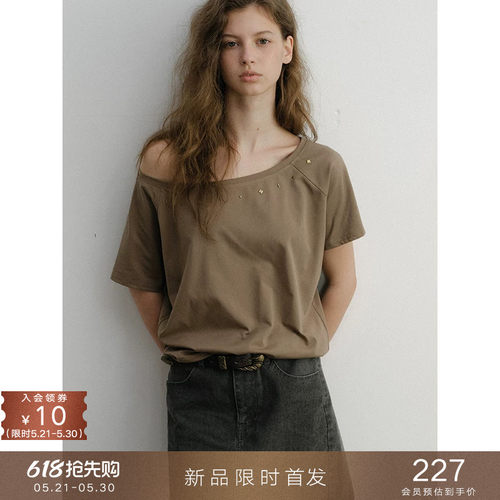 popchrio烫钻一字领斜肩短袖T恤