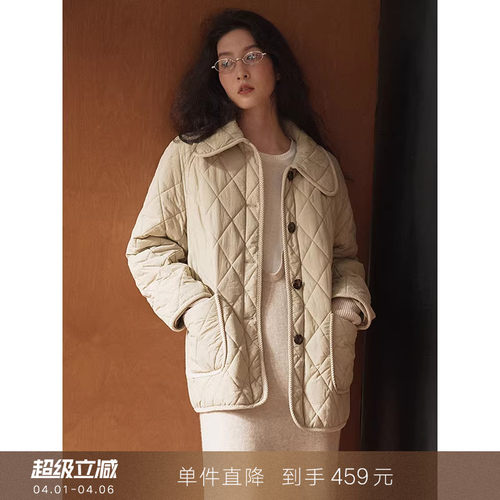 popchrio复古翻领菱格夹棉棉服