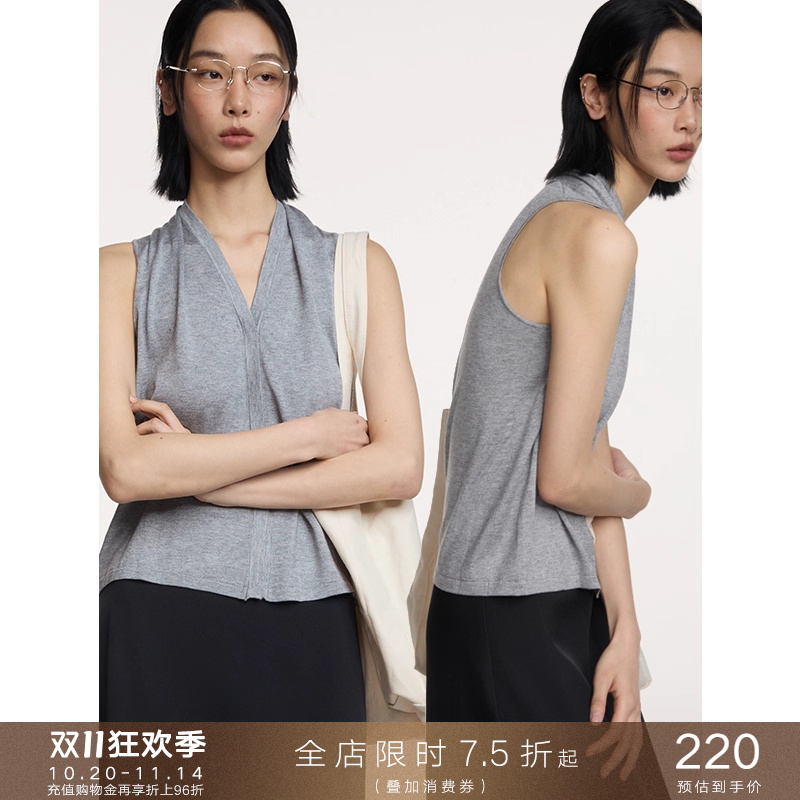 法式独特无袖锁骨V领T恤