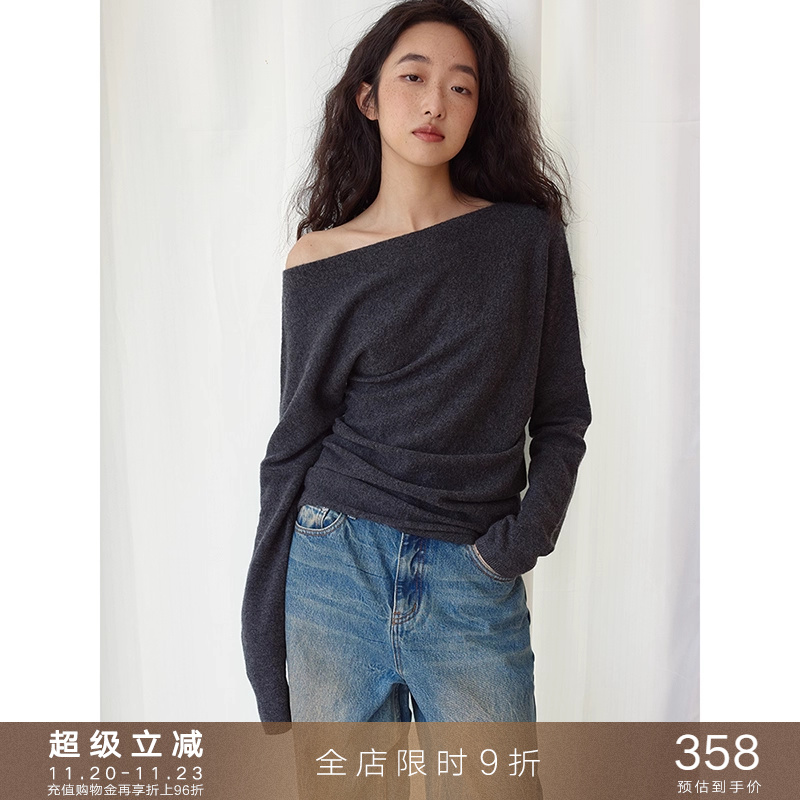 popchrio羊毛一字领露肩针织衫