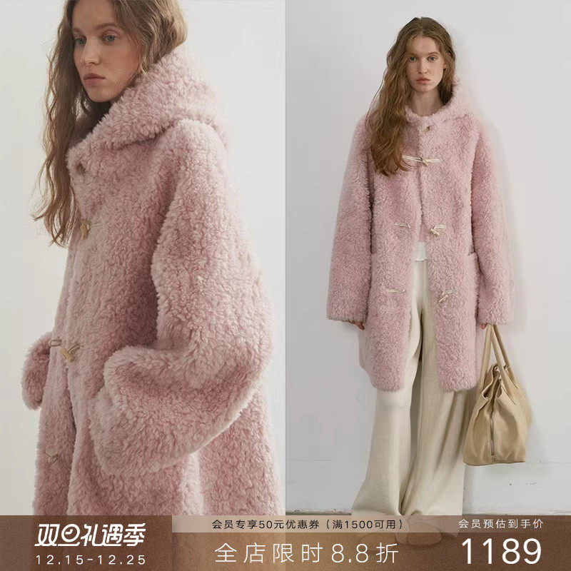 popchrio羊毛加厚毛绒连帽大衣
