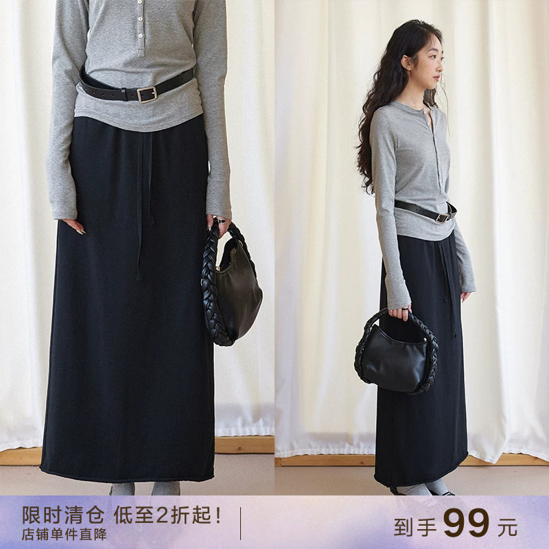 【到手99元】复古做旧纯棉针织半身裙松紧高腰抽绳直筒一步长裙子