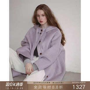 popchrio 女 设计感羊毛连帽双面呢大衣小个子灰色毛呢外套中长款