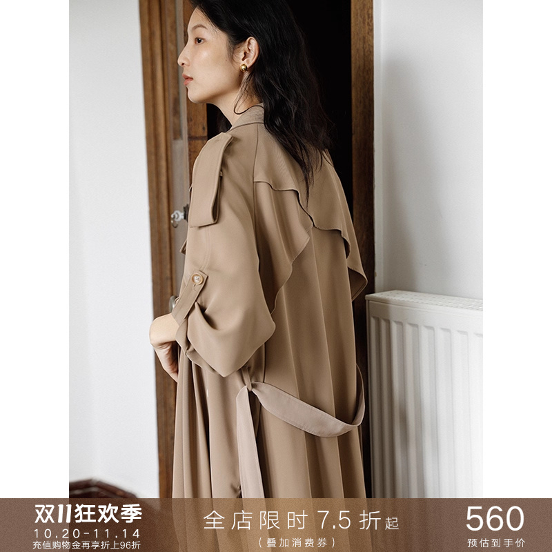 赫本风薄款卡其色中长款风衣外套