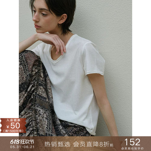 popchrio竹节纹理V领短袖T恤