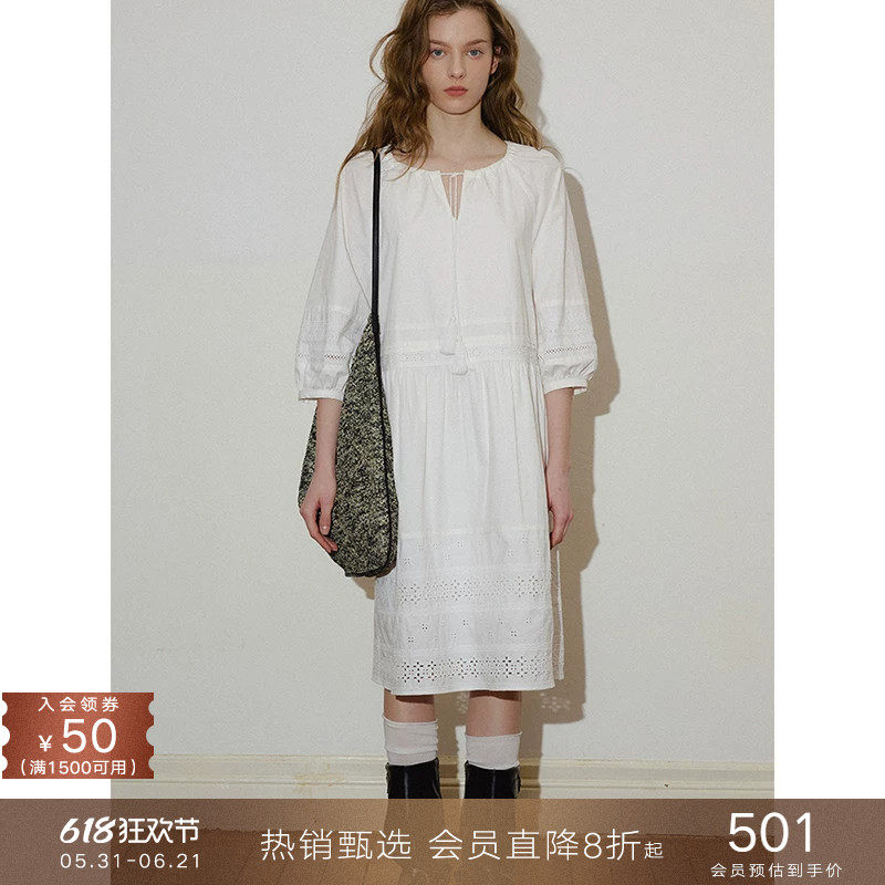 popchrio◆法式复古刺绣蕾丝泡泡半中袖圆v领连衣裙中长款裙子女