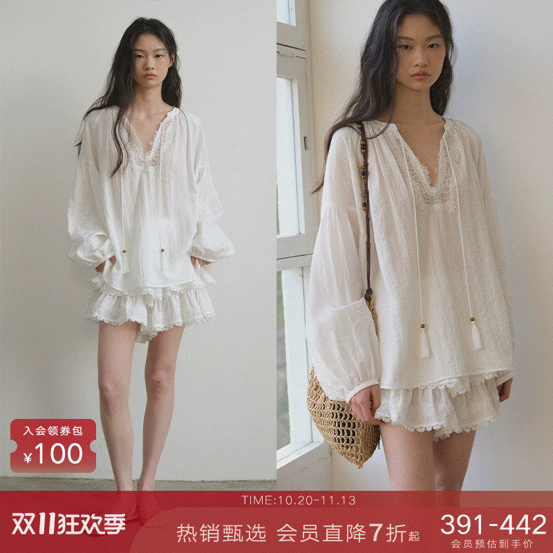 popchrio◆v领蕾丝拼接泡泡长袖衬衫白色衬衣a字蛋糕蓬蓬裙裤套装