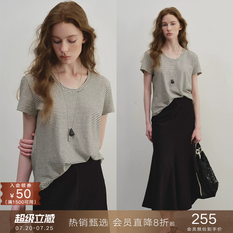 popchrio◆老钱感亚麻混纺慵懒风U领条纹短袖T恤宽松上衣打底衫女
