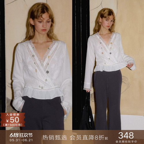 popchrio蕾丝拼接喇叭长袖衬衫