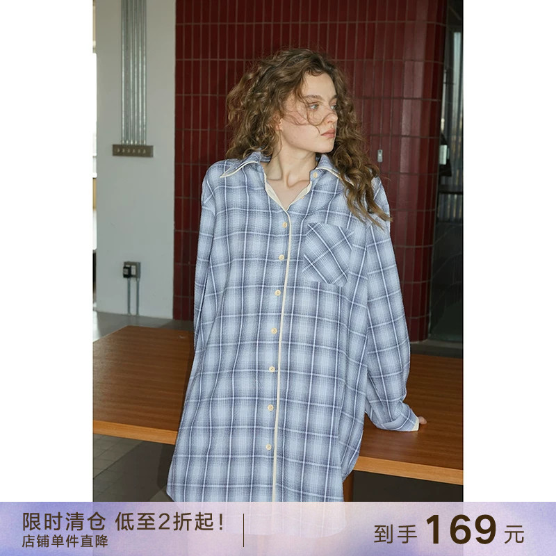 【到手169元】设计感假两件格子衬衫裙子叠穿长袖连衣裙中长款