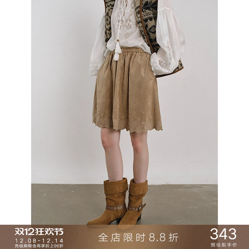 popchrio复古麂皮绒刺绣半身裙