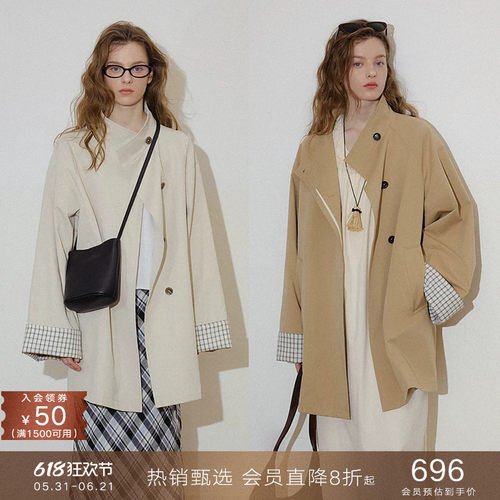 popchrio格子撞袖卡其色风衣