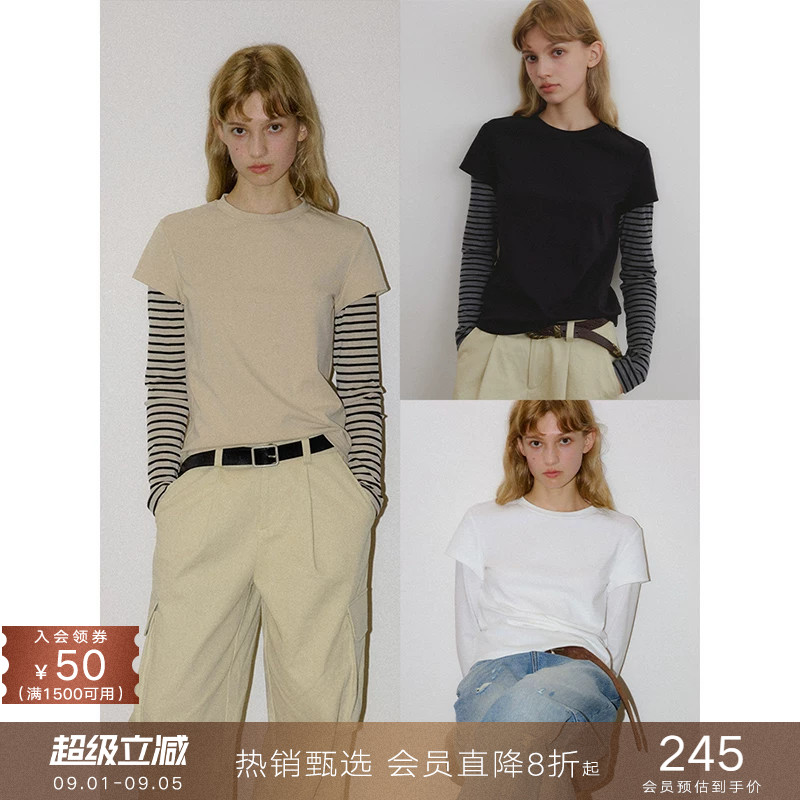 popchrio假两件叠穿拼接长袖T恤图片