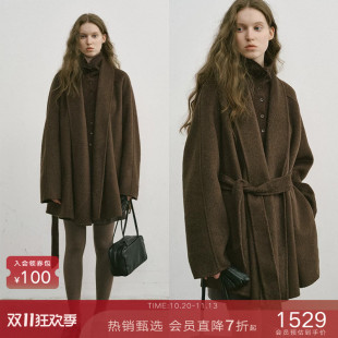 popchrio◆A型斗篷感含苏力羊驼羊毛双面呢大衣收腰短款毛呢外套