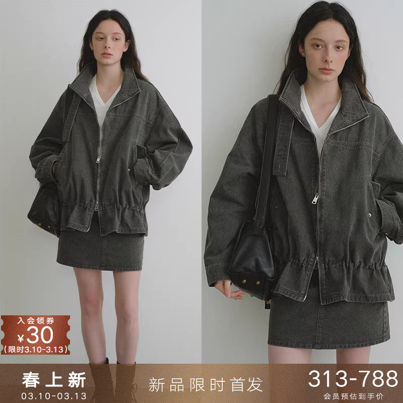 03/04新品 复古水洗纯棉立领夹克低腰短款外套半身短裙子套装女春