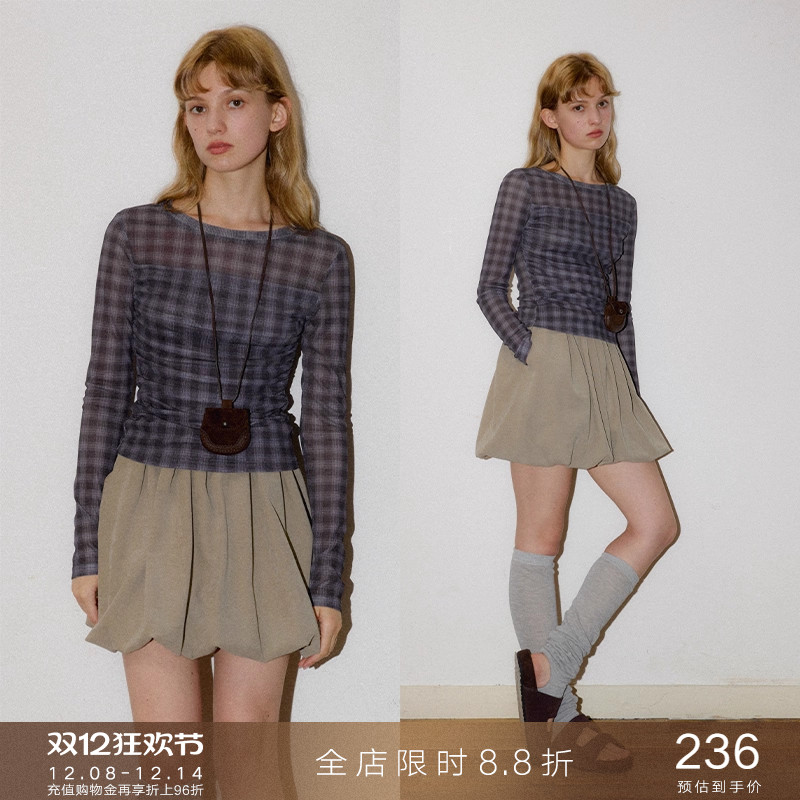 popchrio抽皱格纹网纱长袖T恤