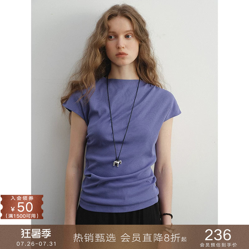 popchrio◆解构设计感小飞短袖T恤抽褶收腰修身棉上衣打底衫女夏