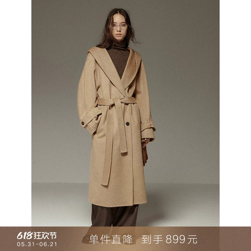 【到手899元】连帽宽松双面纯羊毛毛呢大衣收腰浴袍呢子外套加厚