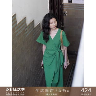 连衣裙显瘦长裙子女夏 气质收腰交叉系带短袖 popchrio 设计感法式