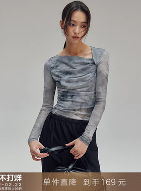 【到手169元】新中式斜肩设计感网纱印花长袖T恤小个子上衣打底衫