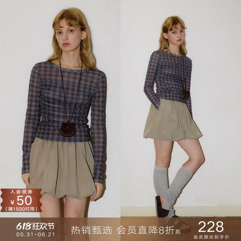popchrio◆微透网纱针织收腰格子长袖T恤设计感抽褶修身打底衫女