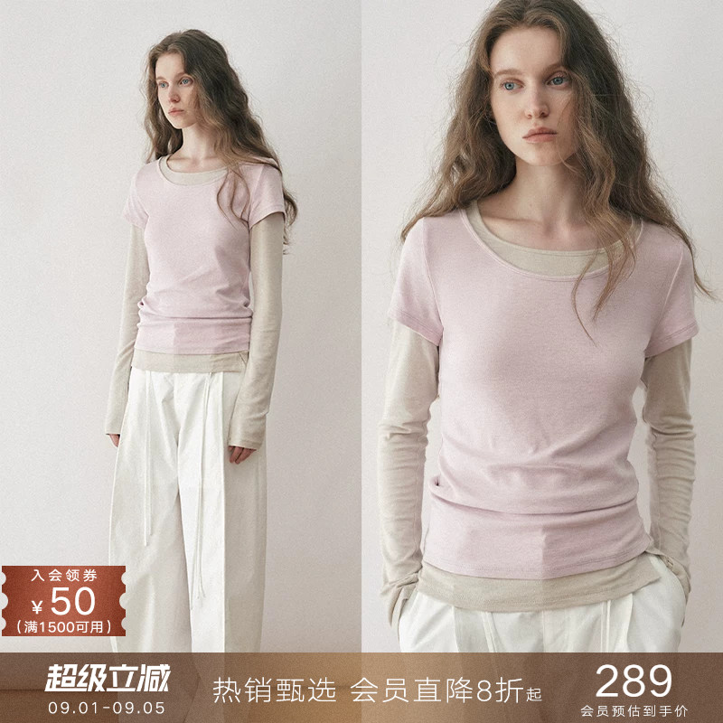 popchrio假两件圆领修身长袖T恤图片