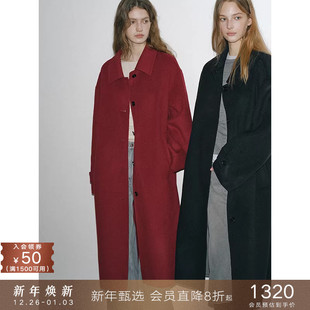 popchrio 80支羊毛双面毛呢大衣新年红黑色呢子外套 理想大衣