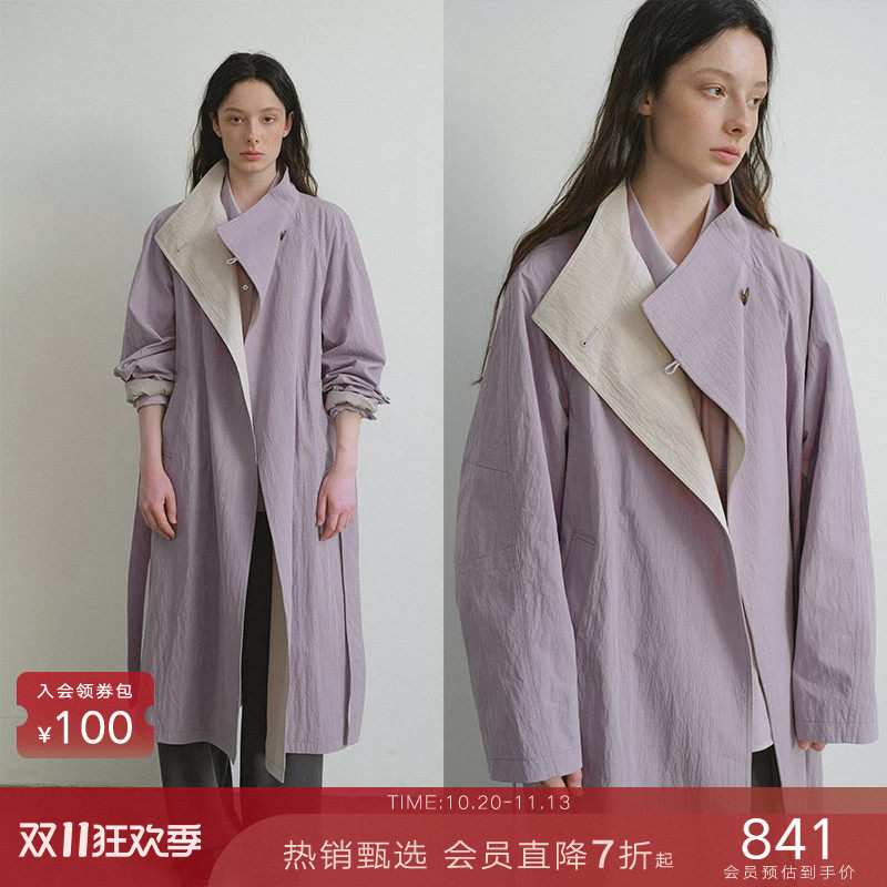 popchrio◆撞色立领设计感挺括韩系风衣宽松休闲中长款外套女春秋