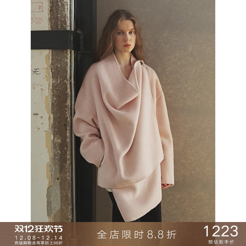 popchrio山羊绒廓形荡领大衣