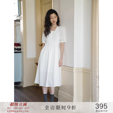 popchrio◆肌理棉温柔风白色气质连衣裙方领泡泡袖收腰长裙子女夏