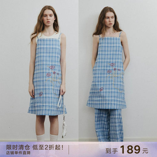 popchrio手绘刺绣一字肩格子裙