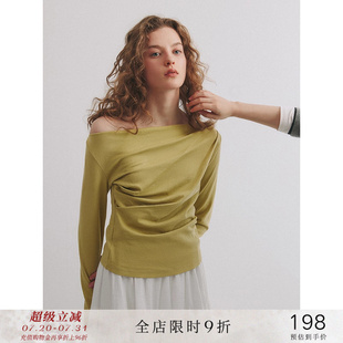 女 popchrio 一字领露肩长袖 T恤修身 锁骨全棉上衣外穿显瘦打底衫