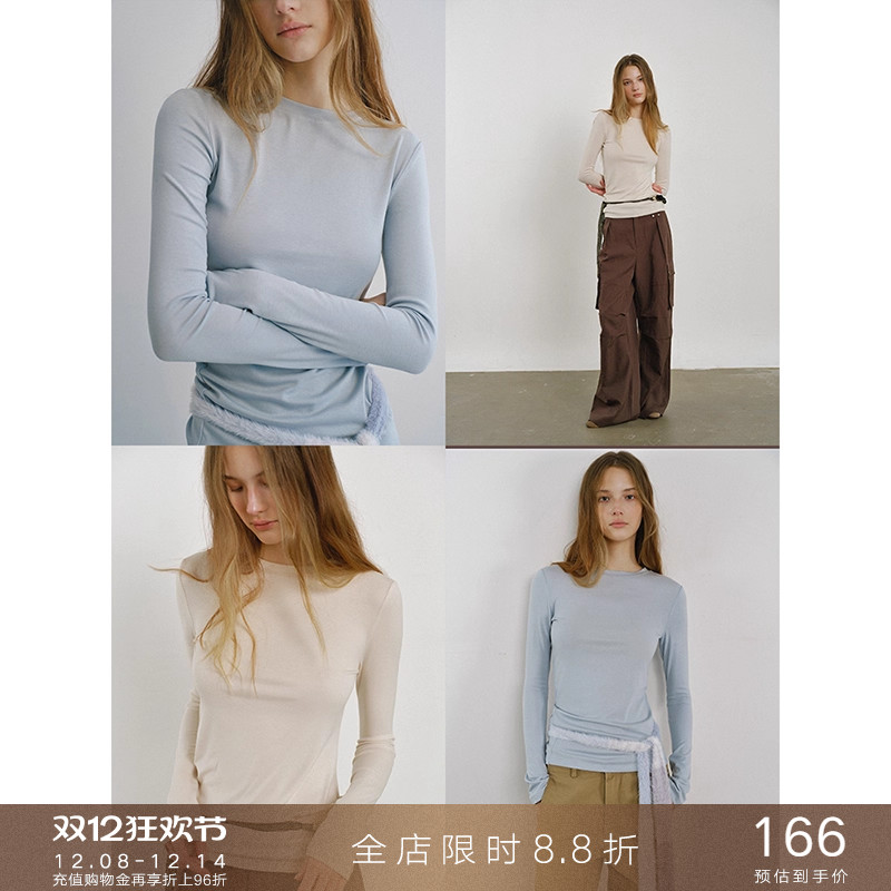 popchrio圆领基础斜下摆打底衫