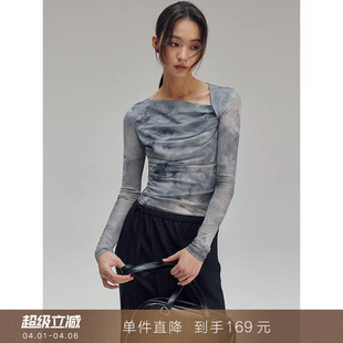 新中式 斜肩设计感网纱印花长袖 T恤小个子上衣打底衫 到手169元