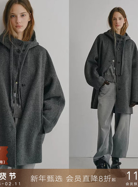 popchrio◆慵懒风高支羊毛连帽双面呢外套小个子短款斗篷毛呢大衣