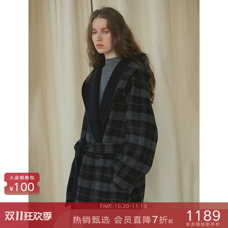 popchrio◆复古羊毛撞色格子大翻领连帽双面呢大衣短毛呢外套女冬