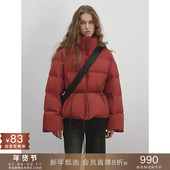 popchrio 红色90白鸭绒立领抽绳泡芙羽绒服小个子收腰短款 面包服