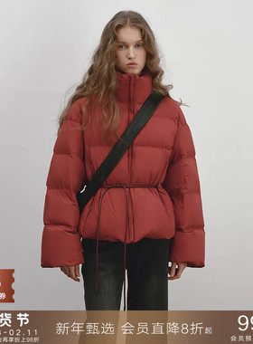 popchrio◆红色90白鸭绒立领抽绳泡芙羽绒服小个子收腰短款面包服