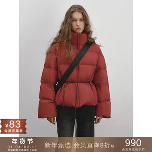 popchrio◆红色90白鸭绒立领抽绳泡芙羽绒服小个子收腰短款面包服