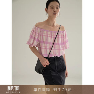 别致短款 减龄粉格甜美风木耳边一字肩格纹衬衫 上衣女 到手79元