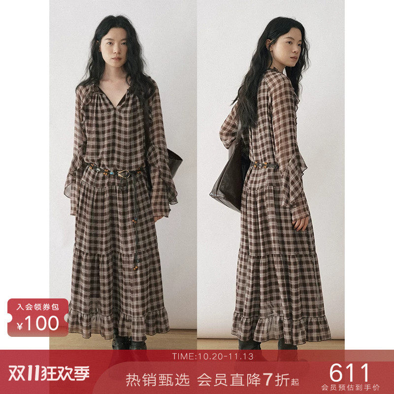popchrio◆复古荷叶边长袖连衣裙V领中长款度假风直筒长裙子女秋