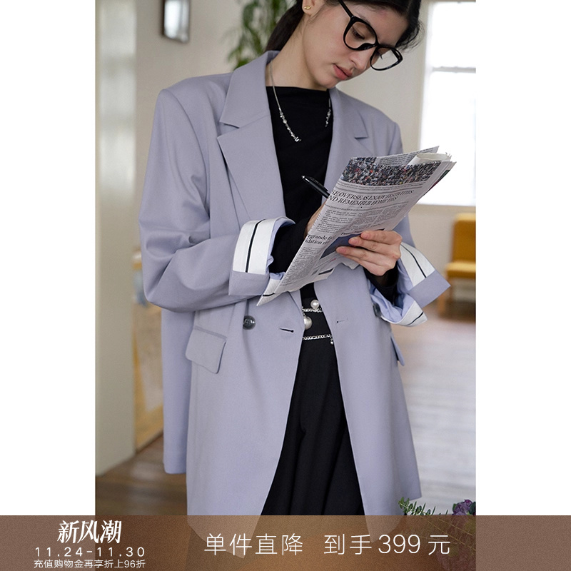 popchrio双排扣长袖西服上衣休闲