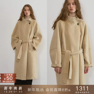 popchrio 加厚毛呢外套女冬 慵懒风羊毛自由立领双面呢大衣中长款