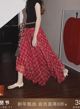 popchrio◆原创印花复古格子不规则雪纺半身裙格纹中长款a字伞裙
