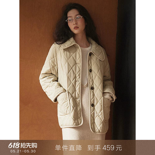 popchrio复古翻领菱格夹棉棉服