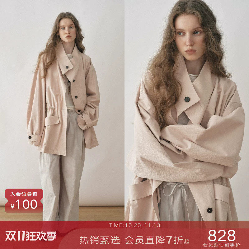 popchrio◆松弛感立领抽绳风衣收腰宽松中长款工装上衣外套女春秋