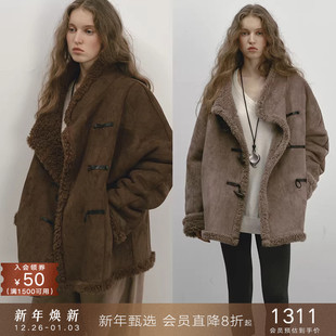 popchrio 100%羊毛双面两穿皮毛一体毛绒大衣牛角扣羊羔毛短外套