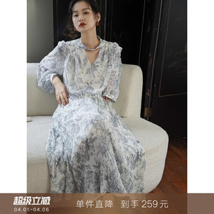 线描碎花复古法式 到手259元 情书 V领连衣裙收腰雪纺裙子 长袖