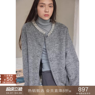 popchrio 呢子大衣女 手工钻饰羊毛小香风双面毛呢外套小个子短款
